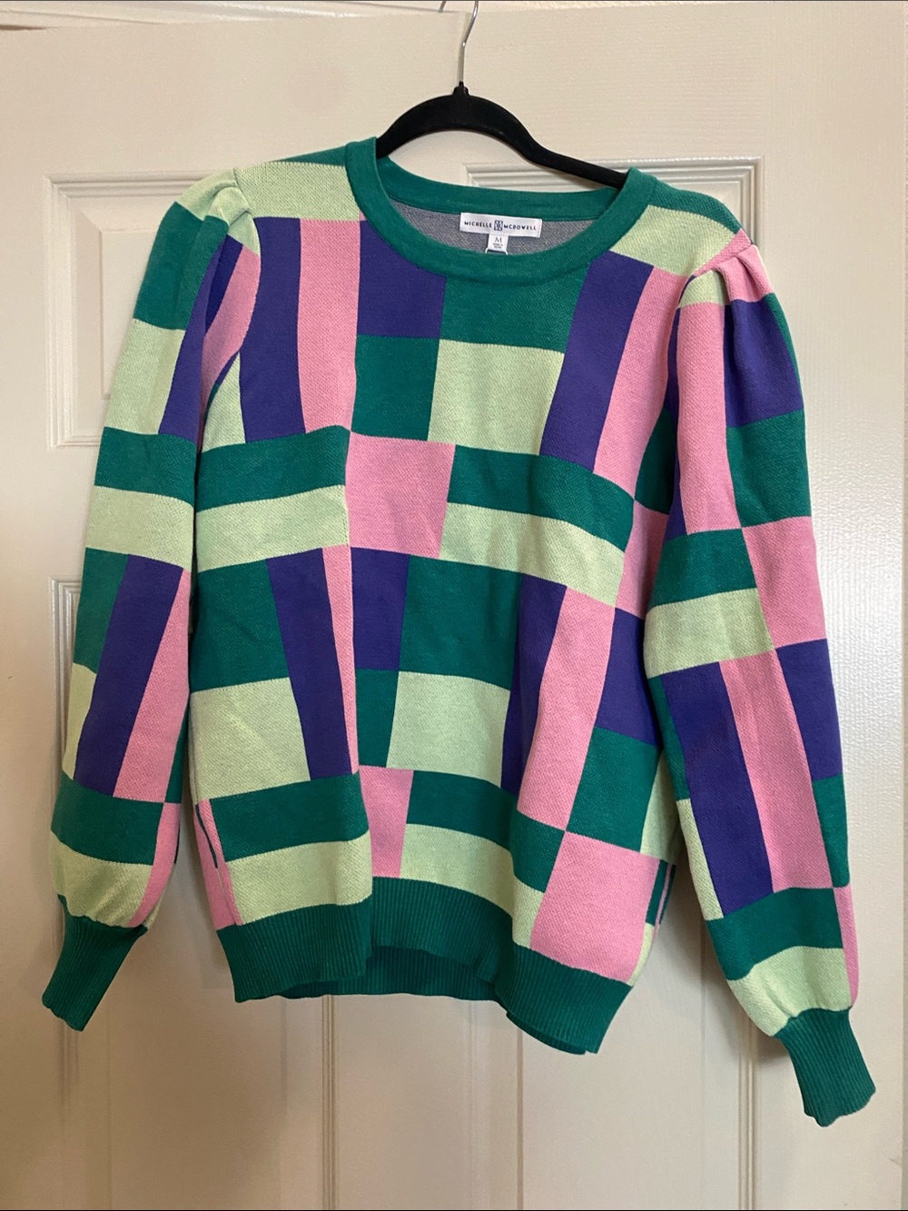 Michelle D Geometric Colorblock Crewneck Sweater in Green, Pink & Purple